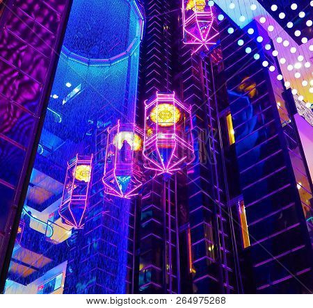 Moscow, Russia, December 2017: Moscow Shopping Center European Shopping, Design Of Center, Elevators