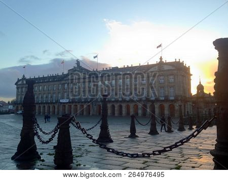 Santiago De Compostela, Spain - February 01, 2018: View Of A Neoclassical Palace Pazo De Raxoi, Sant
