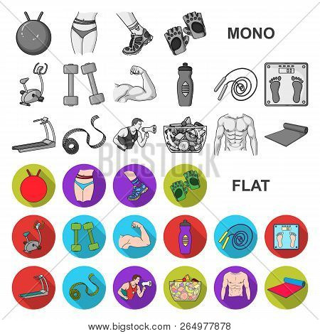 Fitness And Attributes Flat Icons In Set Collection For Design. Fitness Equipment Vector Symbol Stoc