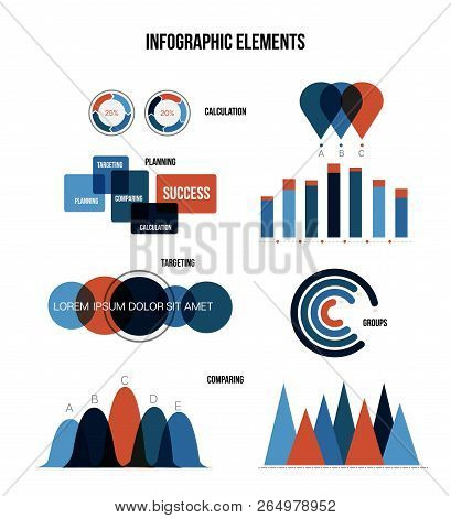 Business Data Visualisation Inforgaphic Elements Vector Set. Blue, Brown, Orange Pie Chart, Circle D