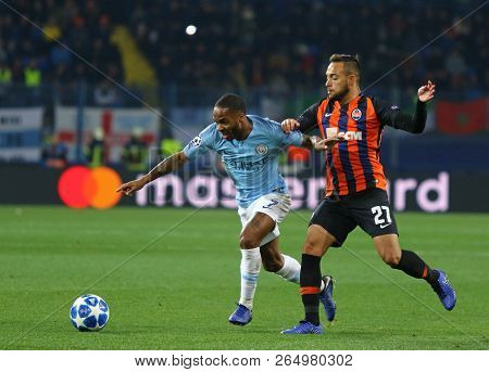 Kharkiv, Ukraine - October 23, 2018: Raheem Sterling Of Manchester City (l) Fights For A Ball With M
