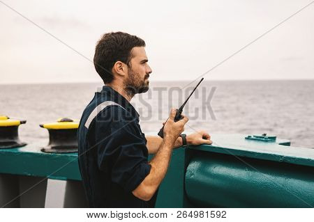 Marine Deck Officer Or Chief Mate On Deck Of Vessel Or Ship