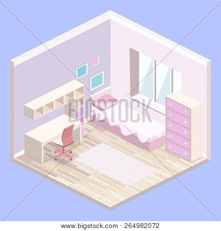 Isometric Flat 3d Cutaway Interior Girls All Pink Bedroom Interior.