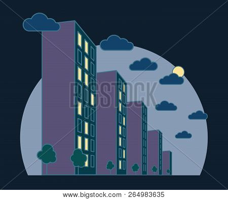 City Landscape View At Night, High Buildings With Lights In Windows, Clouds, Trees, Modern Residenti