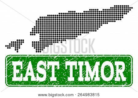 Dotted Map Of East Timor And Scratched Caption. Vector Green Title Inside Rounded Rectangle And Scra