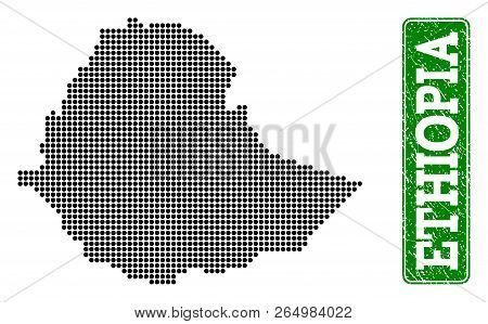 Dotted Map Of Ethiopia And Rubber Caption. Vector Green Title Inside Rounded Rectangle And Corroded 
