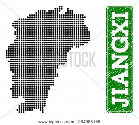 Dotted Map Of Jiangxi Province And Rubber Caption. Vector Green Title Inside Rounded Rectangle And R