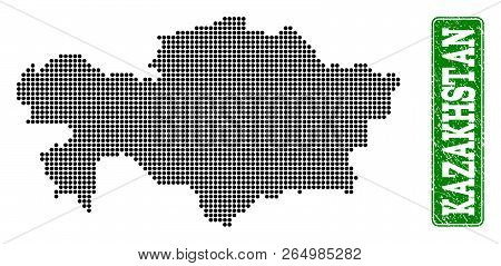 Dotted Map Of Kazakhstan And Rubber Caption. Vector Green Title Inside Rounded Rectangle And Grunge 