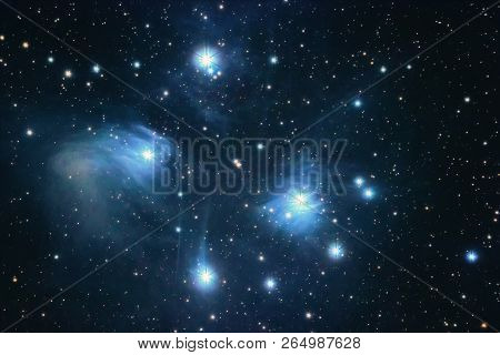 The Pleiades Reflection Nebula In The Constellation Of Taurus. Open Star Cluster.