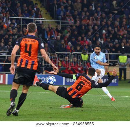 Kharkiv, Ukraine - October 23, 2018: Riyad Mahrez Of Manchester City (r) Kicks A Ball During The Uef