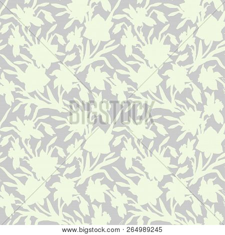 Botanical Seamless Pattern With Silhouettes Hand Drawn Flowers Daffodils, Narcissus On Grey Backgrou