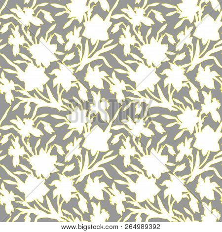 Botanical Seamless Pattern With Silhouettes Hand Drawn Flowers Daffodils, Narcissus On Grey Backgrou