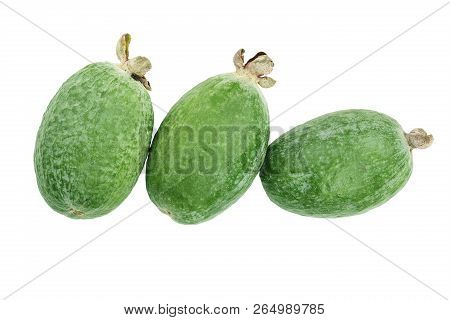 Tropical Fruit Feijoa Acca Sellowiana Isolated On White Background. Top View. Flat Lay Pattern