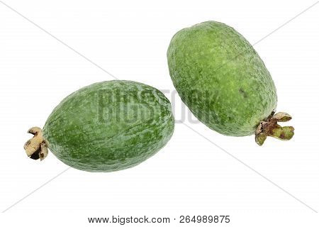 Tropical Fruit Feijoa Acca Sellowiana Isolated On White Background. Top View. Flat Lay Pattern
