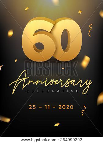 60 Years Anniversary Celebration Event. Golden Vector Birthday Or Wedding Party Congratulation Anniv
