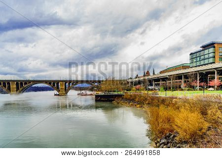 Francis Scott Key Bridge Across Potomac River, Winter Fog On The Water.