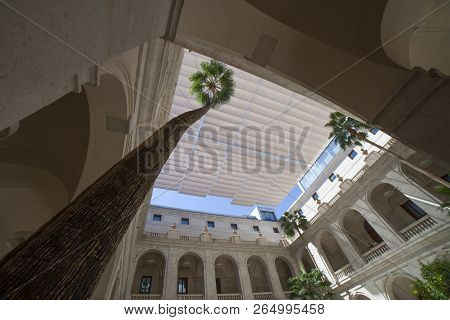 Malaga, Spain - September 23th, 2018: Palacio De La Aduana Central Porticoed Patio, Malaga, Spain