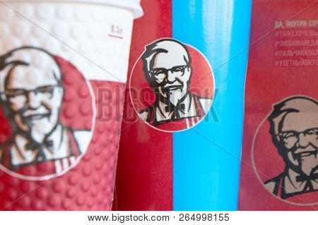 Moscow, Russia, October 11, 2018 : Coffee in paper cups with KFC logo on the table at KFC
