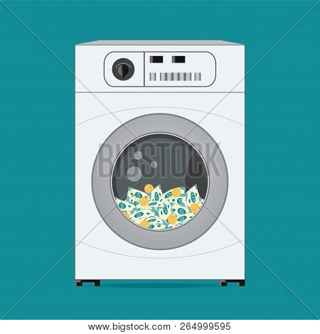 Money Dollars Banknotes In Washing Machine, Concept Of Laundering Illegal Money,vector Illustration.