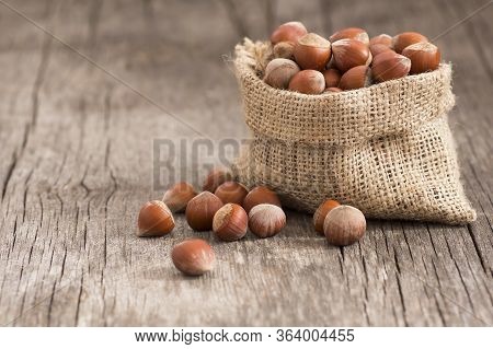 Hazelnuts, Filbert In Burlap Sack On Rustic Wooden Table. Heap Or Stack Of Hazel Nuts. Hazelnut Back
