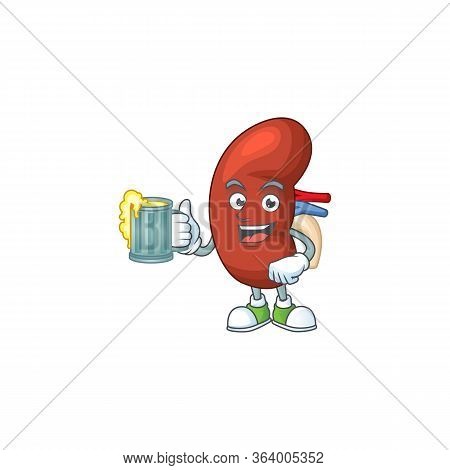 Happy Leaf Human Kidney Mascot Style Toast With A Glass Of Beer