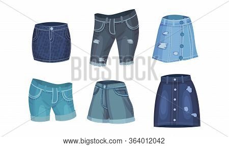 Denim Blue Clothing Items As Womenswear With Denim Skirt And Knee Breeches Vector Set
