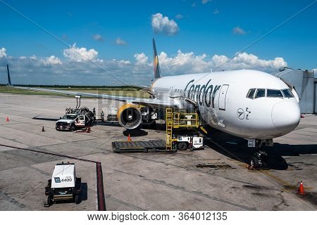 Frankfurt Germany 18.11.19 Condor Airline Airplane Jet Being Loadet By Service Staff On The Airport 