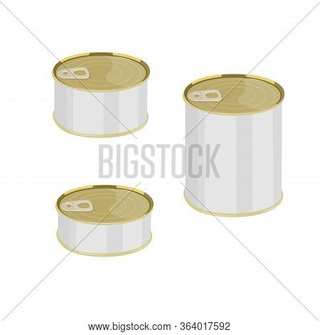 Canned Food In Metal Cans. Canned Fish And Meat, Food Stocks, Vector Illustration