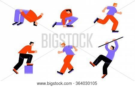 People Sportsmen Practicing Athletics And Pole Vaulting Vector Illustration