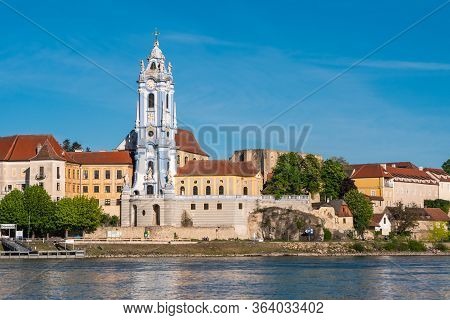 Duernstein Abbey Church Tower, A Baroque Blue And White Spire Or Steeple In The Wachau Valley, Austr