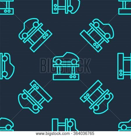 Green Line Repair Car On A Lift Icon Isolated Seamless Pattern On Blue Background. Repair Of The Und