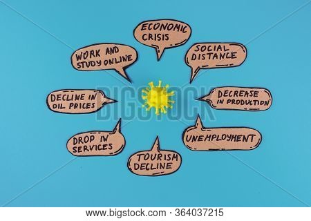 Effects Of Covid 19 In Economics And Society Written On The Cartoon Bubbles.
