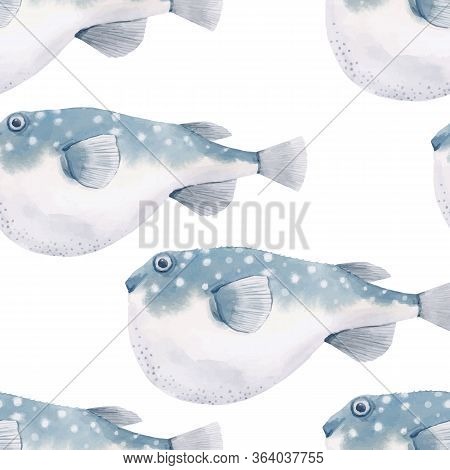Beautiful Vector Seamless Pattern With Watercolor Globe Fish. Stock Illustration.