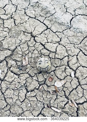 Top View Shot Of Cracked Dry Soil With Smiling Ball And Leaf. Depressive Mood
