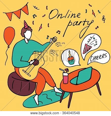 Young Guy Plays The Guitar And Drinks Cocktail While Sitting In Front Of Laptop. The Blogger Leads T