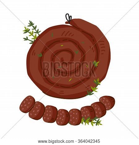 Spiral Sausage. Meat Delicatessen On White Background. Slices Of Traditional Snail Sausage. Simple F