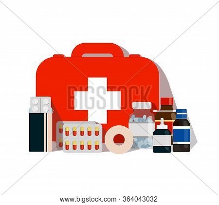 Medical Instruments And First Aid Medicines And Diagnostics. Pill Board For Sore Throat Drug On Whit