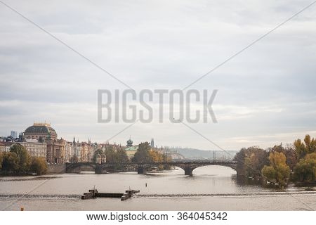Panorama Of Prague, Czech Republic, Seen From The Vltava River, Also Called Moldau, With A Focus On 