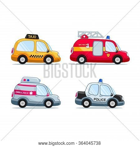 Cartoon Style Cars Set, Including Fire Truck, Police Car, Taxi And Ambulance