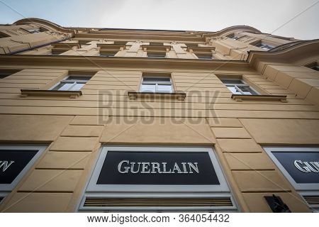 Prague, Czechia - November 3, 2019: Guerlain Logo On Their Boutique In Prague. Guerlain Is A French 
