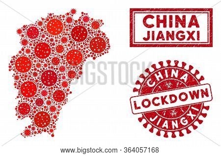 Flu Virus Collage Jiangxi Province Map And Seals. Red Rounded Lockdown Distress Stamp. Vector Corona