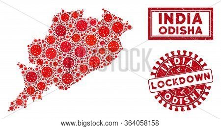 Coronavirus Collage Odisha State Map And Seal Stamps. Red Round Lockdown Textured Stamp. Vector Covi