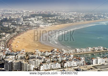 White Modern Architecture Surrounding Amazingly Wide Sandy Beach In Agadir, Morocco