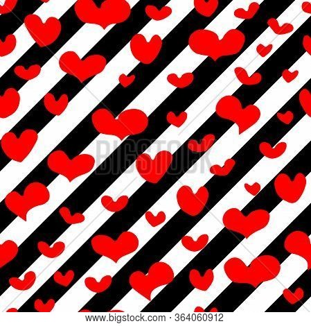 Seamless Vector Pattern Of Hand-drawn Red Hearts On Diagonal Repeating Black And White Stripes Backg
