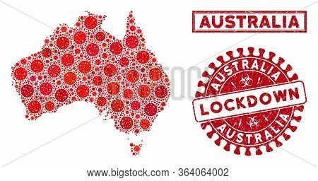 Coronavirus Collage Australia Map And Seal Stamps. Red Rounded Lockdown Scratched Seal Stamp. Vector