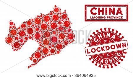 Covid-2019 Virus Collage Liaoning Province Map And Watermarks. Red Round Lockdown Scratched Seal. Ve