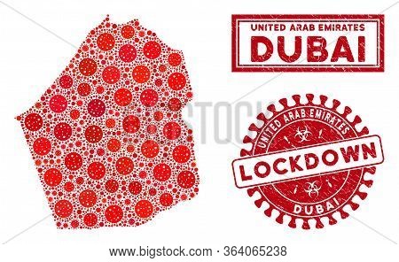 Coronavirus Mosaic Dubai Emirate Map And Stamps. Red Rounded Lockdown Textured Seal. Vector Coronavi