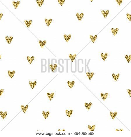Seamless Brilliant Glitter Pattern. Gold Shiny Sparkles Isolated On White Background. Sparkling Hear
