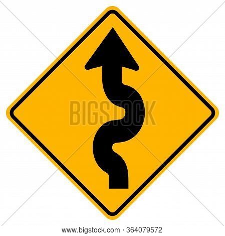 Warning Signs Winding Road, First Bend To Left On White Background