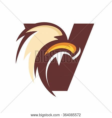 Strong And Bold Illustration Logo Design Initial V Combine With Eagle Head.